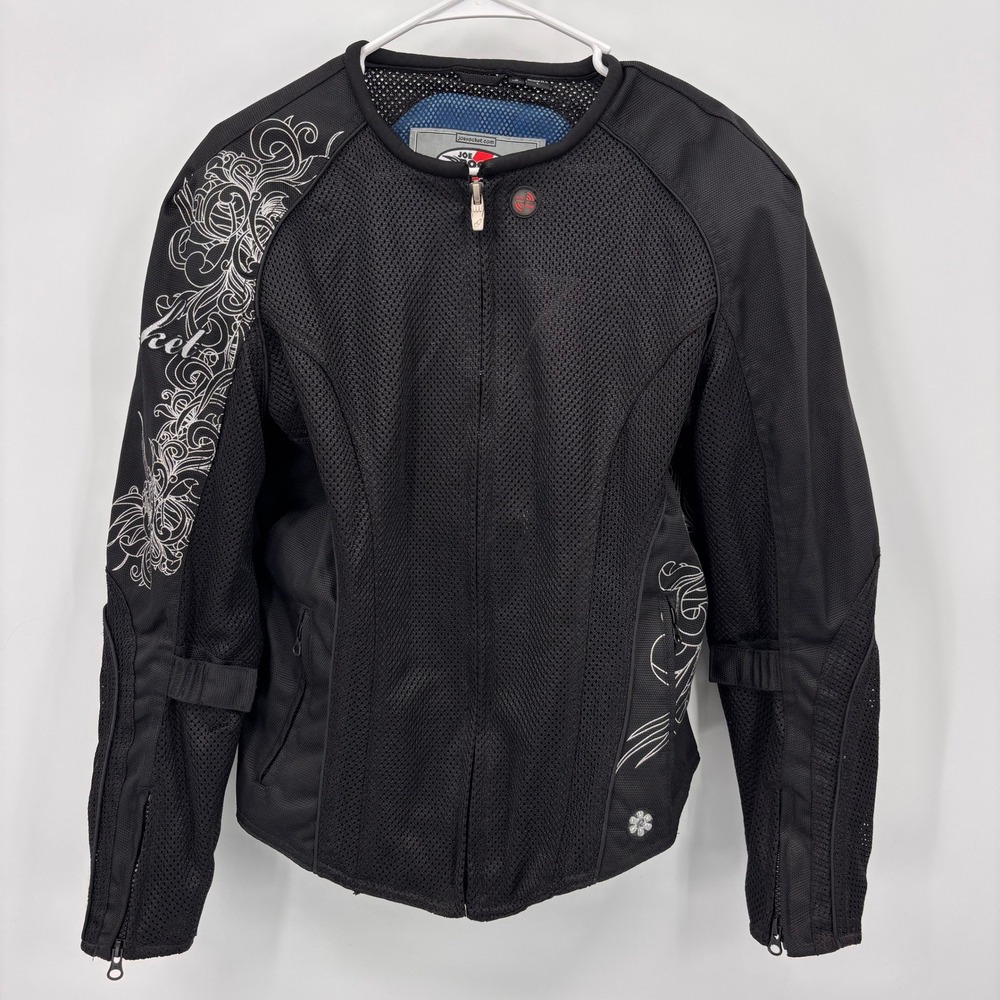 Joe Rocket Mesh Motorcycle Jacket Womens L Black Excellent Embroidered Scroll